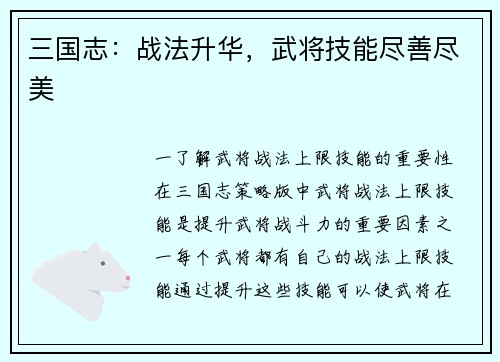三国志：战法升华，武将技能尽善尽美