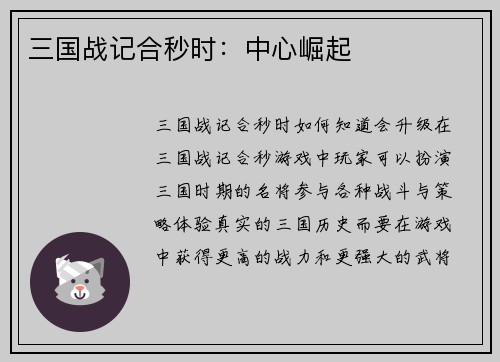 三国战记合秒时：中心崛起